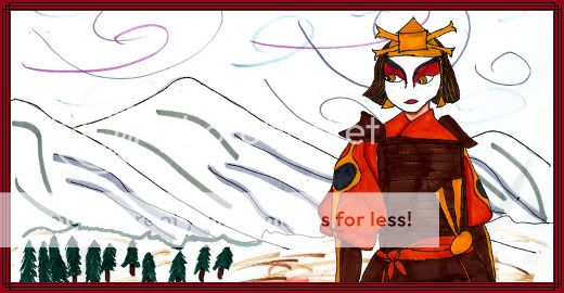 Firebender Suki in her Kyoshi uniform in Fire Nation colors
